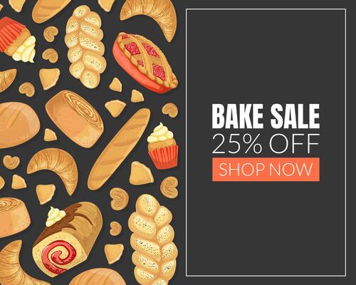 Bake Sale Card Template with Baking Products Seamless Pattern, Element Can Be Used for Bakery Shop, Cafe Menu, Confectionery, Flyer, Certificate Illustration