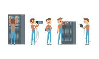 Network Engineer Working in Data Center Set, Computer Technician or System Administrator Involved in Maintenance of System Modules, Networking Service Illustration vector