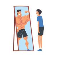 Guy Standing in Front of Mirror Looking at His Reflection and Imagine Himself as Muscular Attractive Athlete, Ordinary Man Seeing Himself Differently in Mirror Illustration vector