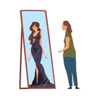 Overweight Woman Standing in Front of Mirror Looking at her Reflection and Imagine Herself as Slim, Woman Seeing Herself Differently in the Mirror Illustration vector