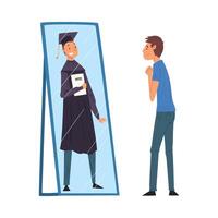 Guy Standing in Front of Mirror Looking at His Reflection and Imagine Himself as Graduation Student with Diploma, Ordinary Man Seeing His Successful Future in Mirror Illustration vector