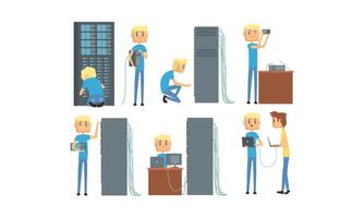 Network Engineer Administrator Working in Data Center Set, Computer Technician Involved in Maintenance of System Modules, Networking Service Illustration vector