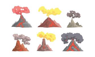 Volcano Eruption Collection, Magma Blowing up with Lava Flowing Down Illustration vector