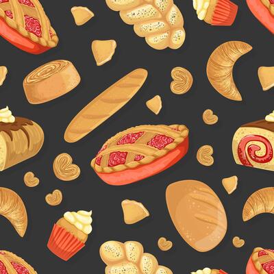 Baking Products Seamless Pattern, Fresh Baked Goods Design Element Can Be Used for Website, Cooking Book, Restaurant Menu, Wrapping Paper Illustration