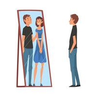 Lonely Guy Standing in Front of Mirror Looking at His Reflection and Imagine Himself With Young Woman, Man Seeing Himself Differently in Mirror Illustration vector