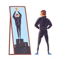 Guy Standing in Front of Mirror Looking at His Reflection and Imagine Himself as Successful, Narcissistic Man Seeing Himself Differently in Mirror Illustration vector