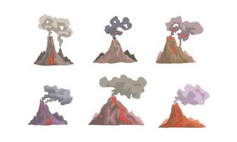 Volcano Eruption Collection, Volcano Magma Blowing up with Lava Flowing Down Illustration vector