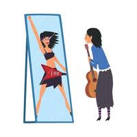 Girl with Guitar Standing in Front of Mirror Looking at her Reflection and Imagine Herself as Successful, Ordinary Woman Seeing Herself Differently in the Mirror Illustration vector