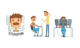Network Engineer Working in Data Center Set, Computer Technician or System Administrator at Work, Networking Service Illustration vector