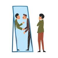 Guy Standing in Front of Mirror Looking at His Reflection and Imagine Himself as Successful, Ordinary Man Seeing Himself Differently in Mirror Illustration vector