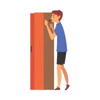 Man Assembling and Installing New Furniture, Male Worker Hammering Nail Into Wardrobe, Manual Furniture Assembly Illustration vector