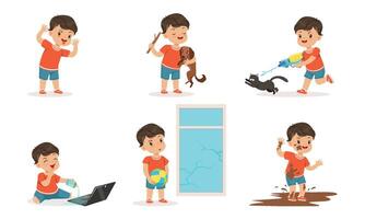 Cute Bully Boy in Different Situations Set, Funny Hoodlum Little Kid, Bad Child Behavior Illustration vector
