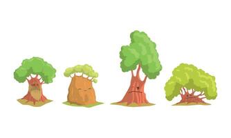 Funny Trees Cartoon Characters Collection, Humanized Trees with Cute Faces Showing Various Emotions Illustration vector