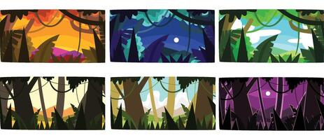 Collection of Beautiful Scene of Nature in Different Time of Day, Tropical Rainforest Horizontal Sceneries Illustration vector