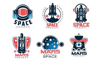 Mars Project Logo Collection, Space, Exploration, Red Planet Colonization Labels Illustration vector