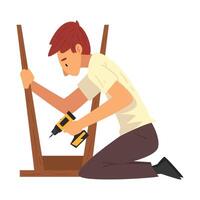 Man Assembling and Installing New Furniture, Male Worker Drilling Screw in Wooden Stool, Manual Furniture Assembly Illustration vector