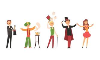Magicians Performing Tricks Set, Circus Characters Taking Part at Magic Show, Illustration vector