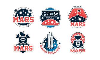 Mars Project Logo Design Templates Collection, Space Adventure, Exploration, Red Planet Colonization Labels Illustration vector