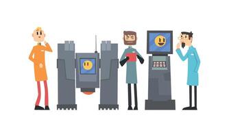 Scientists Characters Working with Robotic Machines, Artificial Intelligence Technology Illustration vector