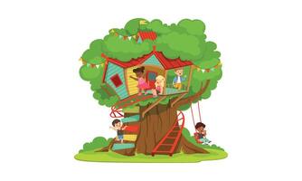 Tree House for Kids, Cute Happy Boys and Girls Playing and Having Fun in Treehouse, Kids Playground with Swing and Ladder Illustration vector