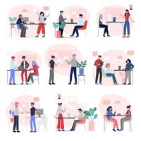 Office Emloyees at Work Set, Business Colleagues Characters Working, Meeting and Exchange Thoughts in Creative Open Space Office Flat Illustration vector