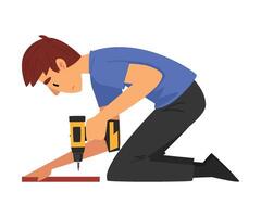Man Assembling and Installing New Furniture, Male Worker Drilling Screw in Wooden Board, Manual Furniture Assembly Illustration vector