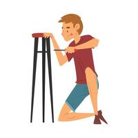 Man Assembling and Installing New Furniture with Screwdriver, Manual Furniture Assembly Illustration vector