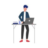 Businessman Standing at the Table and Working on the Laptop Computer in Office Illustration vector