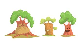Trees Cartoon Characters Collection, Plant Trees with Funny Faces Showing Various Emotions Illustration vector