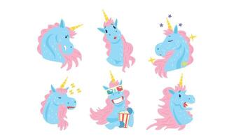 Unicorns Cartoon Character Collection, Funny Mythical Animal in Different Situations and Various Emotions Illustration vector