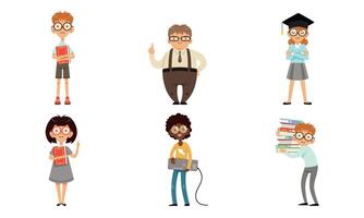 Funny Nerds and Geeks Cartoon Characters Collection, Smart Male and Female Students in Glasses with Books Illustration on White Background vector
