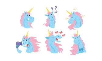 Cute Unicorns Cartoon Characters Collection, Funny Mythical Animals in Different Situations and Various Emotions Illustration vector
