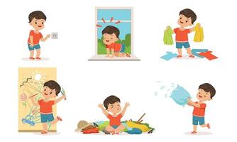 Cute Bully Boy Collection, Funny Hoodlum Little Kid in Different Situations, Bad Child Behavior Illustration Isolated on White Background vector