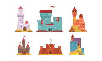 Medieval Fairytale Castles Collection, Ancient Fortified Fortresses and Palaces with Flags Illustration vector