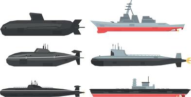 Naval Combat Ships and Submarines Collection, Military Boats, Frigates, Battleships Illustration vector