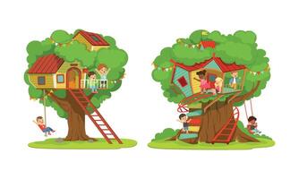 Tree House for Kids Collection, Boys and Girls Playing and Having Fun in Treehouse, Kids Playground with Swing and Ladder Illustration vector