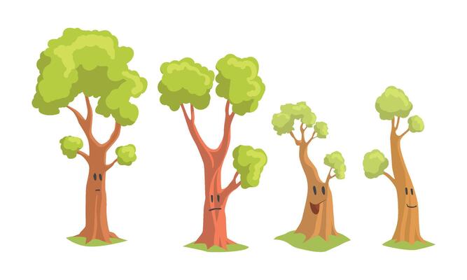Funny Trees Cartoon Characters Collection, Tree with Human Faces Showing Various Emotions Illustration