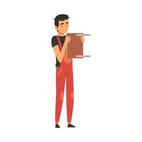Man Assembling and Installing New Furniture, Male Worker in Overall, Manual Furniture Assembly Illustration vector