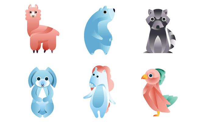 Cute Stylized Wild Animals Collection, Llama, Polar Bear, Raccoon, Hare, Horse, Bird Illustration