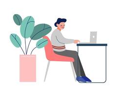 Office Worker Sitting at the Table and Working on the Laptop Computer, Business Character Flat Illustration vector
