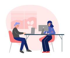 Emloyees Working with Computers, Business Characters Working in Creative Coworking Space, Modern Office Interior Illustration vector
