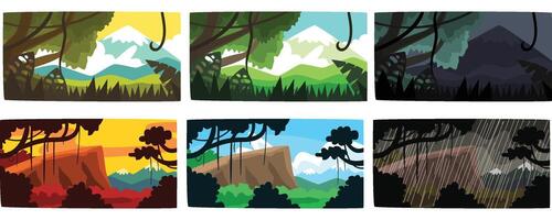 Collection of Beautiful Scene of Nature in Different Time of Day and Weather, Tropical Rainforest Horizontal Backdrops Illustration vector