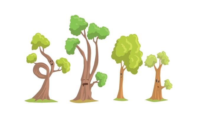 Funny Trees Cartoon Characters Collection, Comic Trees Showing Various Emotions Illustration