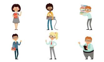Funny Nerds and Geeks Cartoon Characters Collection, Smart Students in Glasses with Books Illustration on White Background vector