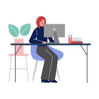 Woman Sitting at the Table and Working on the Laptop Computer in Office Illustration vector