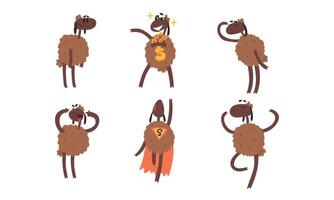 Funny Brown Sheep Collection, Humanised Farm Animal Cartoon Character in Various Poses and Situations Illustration vector