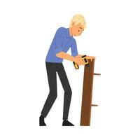 Man Assembling and Installing New Furniture with Drill, Manual Furniture Assembly Illustration vector