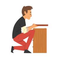 Man Assembling and Installing Wooden Nightstand, Manual Furniture Assembly Illustration vector