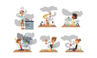 Collection of Boy and Girls Scientist After Failed Chemical and Physics Experiments, Schoolchildren Experimenting in Science Laboratory Illustration vector