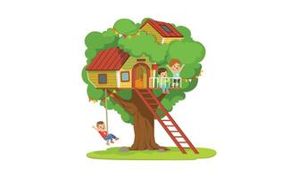 Tree House for Kids, Boys Playing and Having Fun in Treehouse, Kids Playground with Swing and Ladder Illustration vector